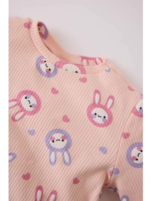 DeFacto Kız Bebek Pijama Takımı Fitilli Kaşkorse Bisiklet Yaka Tavşan Baskılı Uzun Kollu Üst Beli Lastikli Uzun Alt D7172A524WN