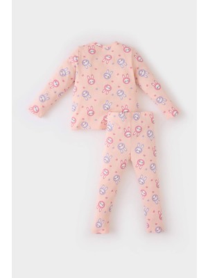 DeFacto Kız Bebek Pijama Takımı Fitilli Kaşkorse Bisiklet Yaka Tavşan Baskılı Uzun Kollu Üst Beli Lastikli Uzun Alt D7172A524WN