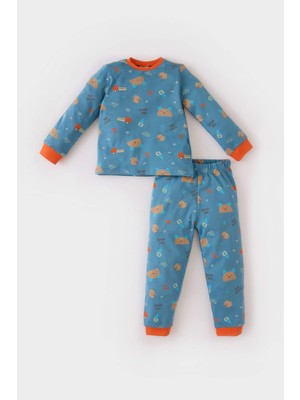 DeFacto Erkek Bebek Pijama Takımı Bisiklet Yaka Ayı Baskılı Uzun Kollu Üst Beli Lastikli Uzun Alt D7152A524WN