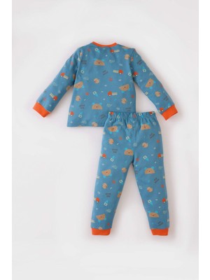 DeFacto Erkek Bebek Pijama Takımı Bisiklet Yaka Ayı Baskılı Uzun Kollu Üst Beli Lastikli Uzun Alt D7152A524WN