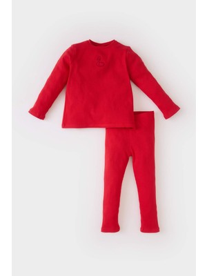 DeFacto Kız Bebek Pijama Takımı Fitilli Kaşkorse Bisiklet Yaka Nakışlı Uzun Kollu Üst Beli Lastikli Uzun Alt D7165A524WN