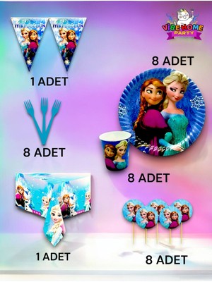 VibeHome 8 Kişilik Frozen Temalı Premium Set - Doğum Günü Parti ve Eğlenceli Etkinlikler