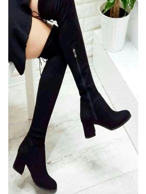Trendy Anka Kadın Siyah Çorap Çizme 5.5 cm Topuklu Diz Üstü Süet Fermuarlı Streç Çizme