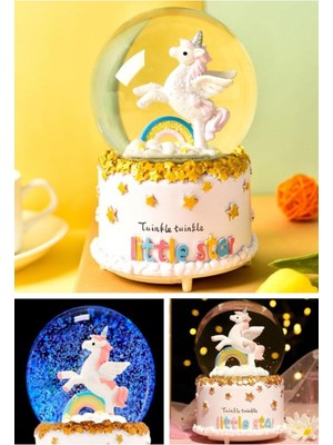 Işıklı Müzikli  Unicorn Gökkuşağı Little Star Unicorn Kar Küresi Orta Boy Işıklı Müzikli 12  cm