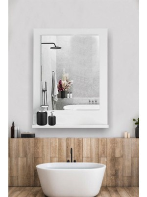 Safir Banyo Aynası, DRESUAR,60X45 Beyaz Raflı Banyo Aynası