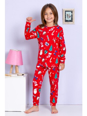 Elmas Kids Kız Çocuk Yeni Yıl Yılbaşı Noel Temalı Kırmızı Pijama Takımı