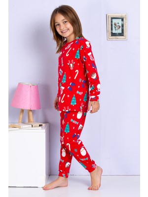 Elmas Kids Kız Çocuk Yeni Yıl Yılbaşı Noel Temalı Kırmızı Pijama Takımı