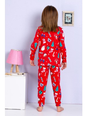 Elmas Kids Kız Çocuk Yeni Yıl Yılbaşı Noel Temalı Kırmızı Pijama Takımı