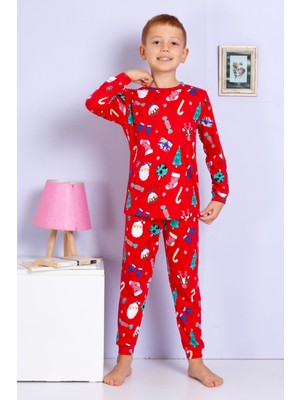 Elmas Kids Erkek Çocuk Yeni Yıl Yılbaşı Noel Temalı Kırmızı Pijama Takımı