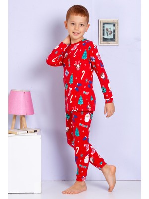 Elmas Kids Erkek Çocuk Yeni Yıl Yılbaşı Noel Temalı Kırmızı Pijama Takımı