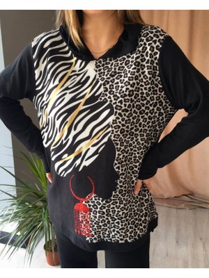 Silüet ve Leopar Desen Triko Sweatshirt