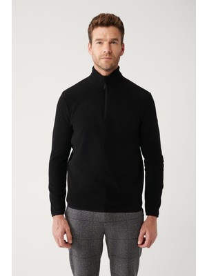 AVVA Erkek Siyah Soğuğa Dayanıklı Yarım Fermuarlı Dik Yaka Polar Sweatshirt E001068