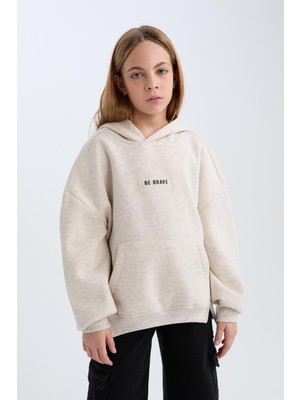 DeFacto Kız Çocuk Oversize Geniş Kalıp Kapüşonlu Baskılı İçi Yumuşak Tüylü Kalın Sweatshirt D6185A824WN