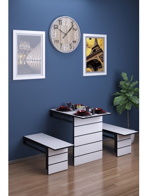 Moka Park AVM Duvara Monte Katlanabilir 2 Tabureli Metal Ayaklı Dikdörtgen Yemek Masası Mutfak Masası