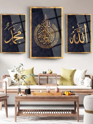 Taulart Allah Muhammed Ayetel Kürsi 3'lü Set 4mm Kırılmaz Temperli Yüksek Çözünürlüklü Cam Tablo