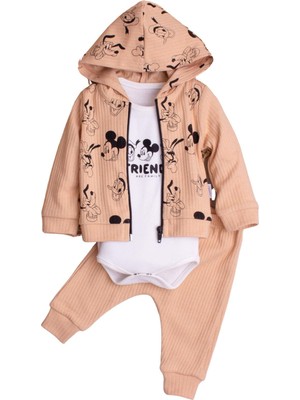 Kız Bebek Kapüşonlu Mickey Mause  Pamuklu Zıbınlı Fitilli 3'lü Bebek Takımı