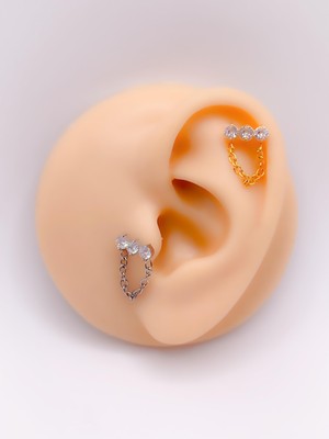 Cerrahi Çelik Piercing Zincirli Üç Taş Kıkırdak Helix Tragus Piercing (1Adet)