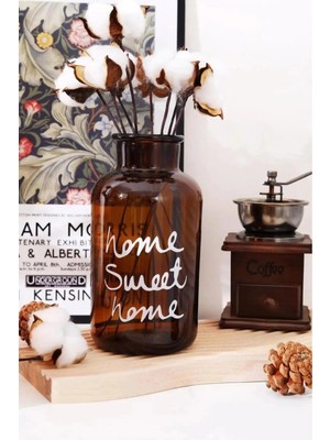 Safestore Home Sweet Home Amber Cam Vazo ve 10’lu Beyaz Doğal Kurutulmuş Pamuk Dalları