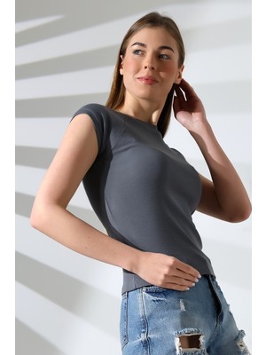 Endies Penye Likralı Ribana Dikiş Detaylı Reglan Kol Pamuklu T-Shirt 21890 Boyalı Gri