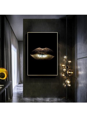 Artarilion Altın Rengi Dudak Siyah Arka Plan Kanvas Tablo Güzellik Salonu Tablosu
