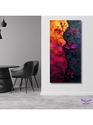 Tekli Panoramik Dikey Kanvas Renkli Küçük Kırmızı Çiçekler