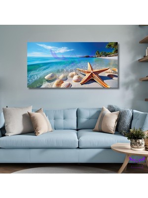 Panoramik Yatay Kanvas Duvar Tablosu Deniz Kıyısı ve Deniz Yıldızı