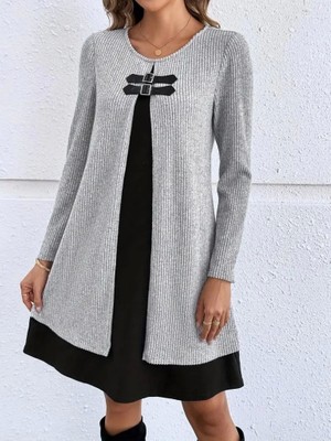 Defy Moda Kadın Uzun Kollu Önü Tokalı Şardonlu Kaşkorse Iç Kısmı Viskon Midi Elbise Ikili Takım