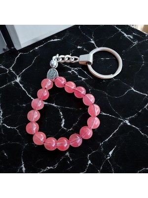 Gül Kuvars Taşı Tesbih Anahtarlık - Doğal Taş Anahtarlık - Tesbih Anahtarlık Sertifikalı Doğal Taş Tesbih