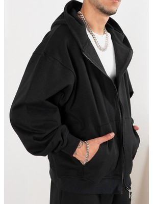 Ethab Ticaret Ethab-Unisex   Fermuarlı Kapşonlu Içi Polarlı Sweatshirt Siyah Cepli Model