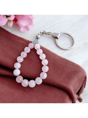 Mga Doğaltaş Pembe Kuvars Taşı Tesbih Anahtarlık - Doğal Taş Anahtarlık - Tesbih Anahtarlık Sertifikalı  Doğal Taş Tesbih