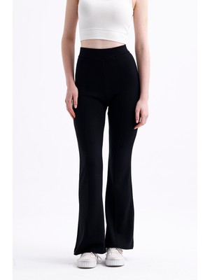 Kadın Siyah Ispanyol Paça Önü Nervürlü Modal Kumaş Yüksek Bel Likralı Toparlayıcı Pantolon Tayt