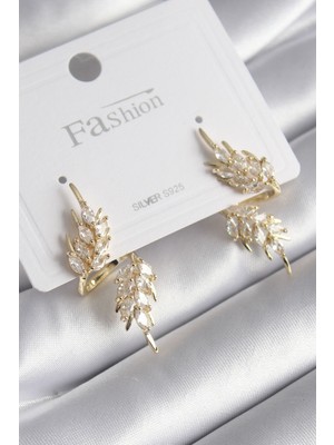Shopzum Pirinç Gold Renk Zirkon Taşlı Yaprak Model Kadın Küpe