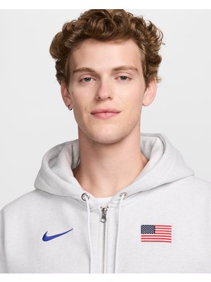 Nike Usa Solo Swoosh Men's Nike Full-Zip Hoodie Erkek Gri Polarlı Kapüşonlu Sweatshirt FJ3427-051