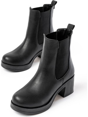 Ellolita Luxury Shoes 5109-3056 Siyah Lastikli Fermuarlı Kalın Topuklu Günlük Kadın Bot