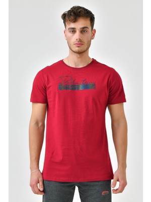 Bordo Baskı Detaylı O Yaka Standart Kalıp Erkek T-Shirt