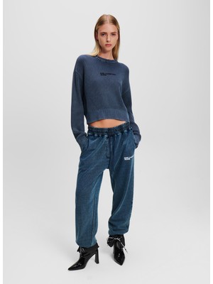 Karl Lagerfeld Yuvarlak Yaka Regular Fit Baskılı Mavi Kazak Kadın 246J2001