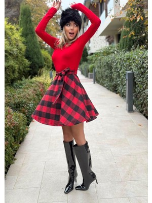 Aknbutik Kadın Uzun Kollu Bisiklet Yaka Üst Viskon Alt Ekose Kısa Elbise