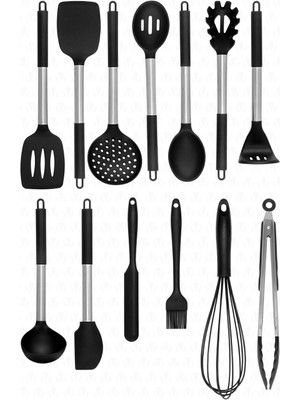 Valletta Mora 14 Parça Paslanmaz Çelik Silikon Uçlu Spatula Mutfak Seti Siyah