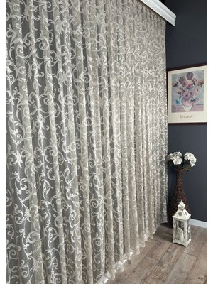 Taç Şal Desen Tül Perde, Pilesiz Düz Dikim, Ekstrafor Büzgü, Bej - 480 x 250 cm