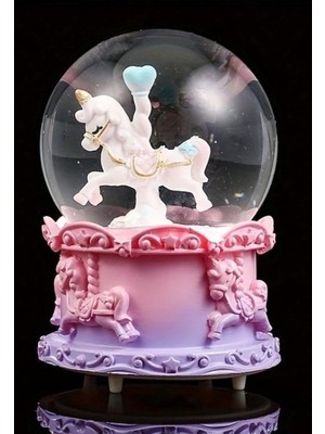 Biton Toptan Mor Unicorn Tasarımlı Kar Küresi Işıklı Müzikli Orta Boy 12 cm