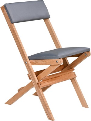 Bysay Ahşap Döşeme Minderli Katlanır  Bahçe Mutfak Balkon Teras Sandalyesi (Naturel-Gri)