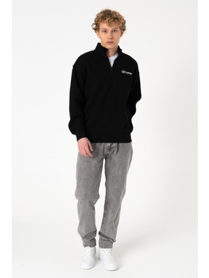 BLAYF Sw Yarım Fermuar Siyah Baskılı Şardonlu Sweatshirt