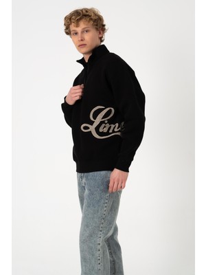 BLAYF Sw Yarım Fermuar Siyah Işlemeli Şardonlu Sweatshirt