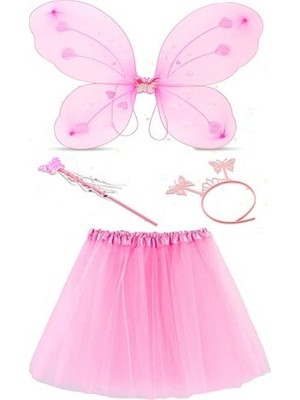 Toz Pembe Kelebek Kostümü ve Aksesuar Seti 4 Parça