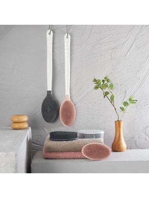 Silikon Masajlı Uzun Saplı Vücut Masaj Fırçası Banyo Sırt Kesesi Saplı Yumuşak Fırça