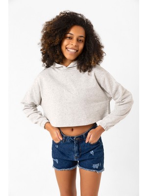 Basic Kırçıllı Gri Kapüşonlu Crop Sweatshirt