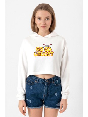 Tshirthane Inspector Gadget Go Go Gadget Ekru Kadın Crop Kapşonlu
