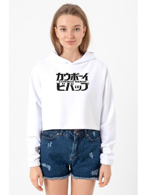 Tshirthane Cowboy Bebop Retro Letter Logo Beyaz Optik Kadın Crop Kapşonlu