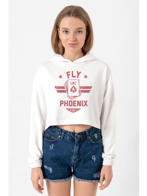 Tshirthane Top Gun Maverick Fly Like A Phoenix Ekru Kadın Crop Kapşonlu
