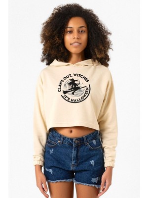 Tshirthane Claws Out Witches Its Halloween Bej Kadın Crop Kapşonlu